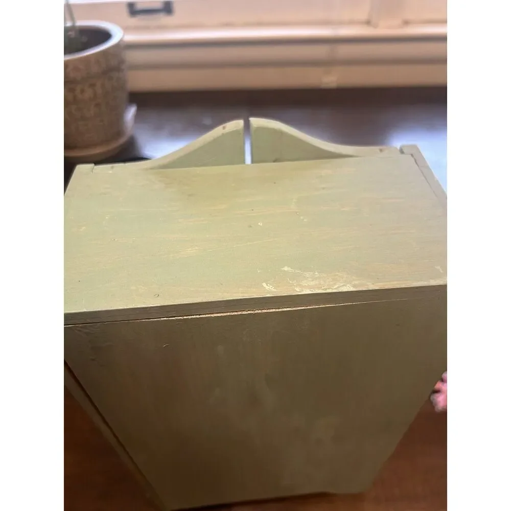 Vintage Hand Painted Wooden Jewelry Box Cabinet Sage Green Tulip Cottagecore